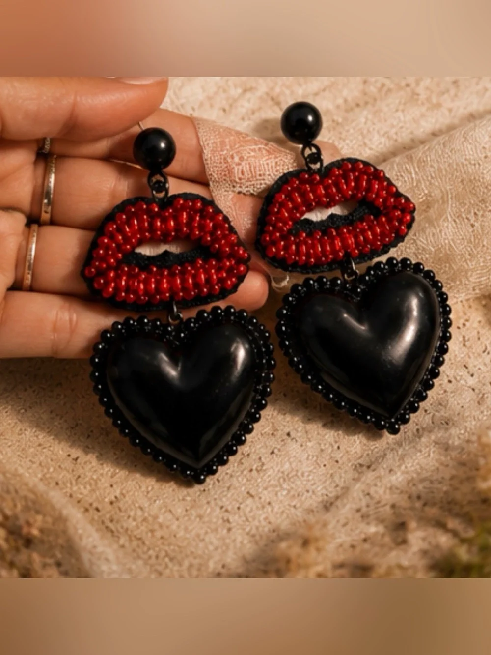 Beaded Red Lips & Black Heart Statement Earrings | 3.5” Lightweight | Kiss &Tell